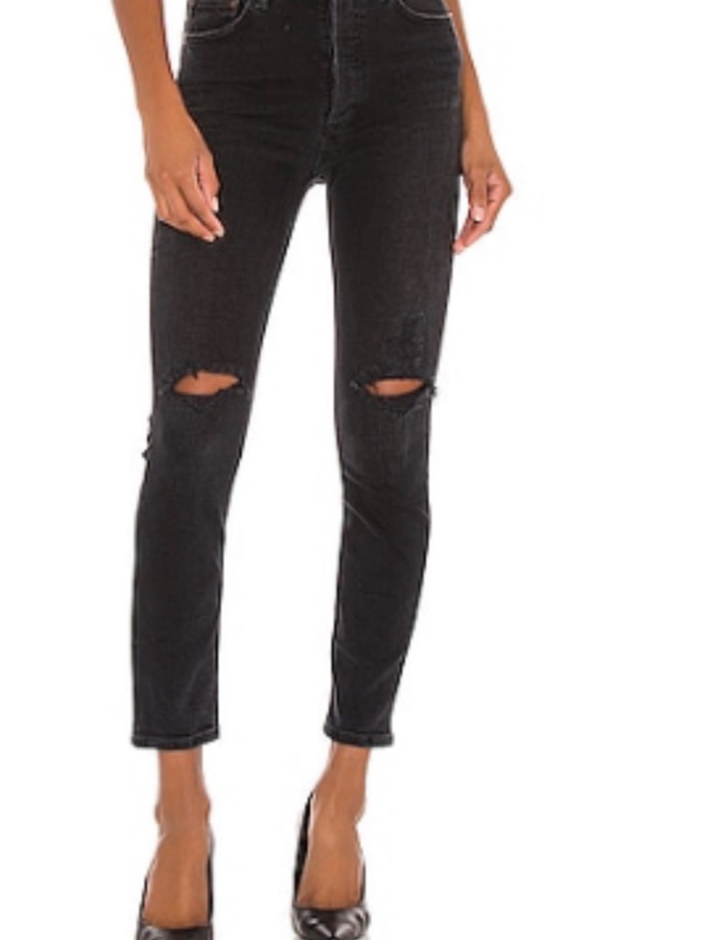Agolde Black High-Rise Cropped Distressed Jeans. Nico high rise slim